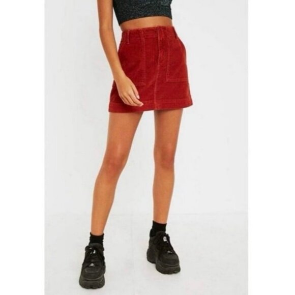 BDG Urban Outfitters Red Corduroy Mini Skirt Size S High Rise Raw Hem EUC - Picture 1 of 5
